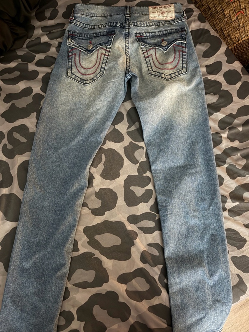 True Religion Light Blue Denim Jeans with Red Pocket Stitching